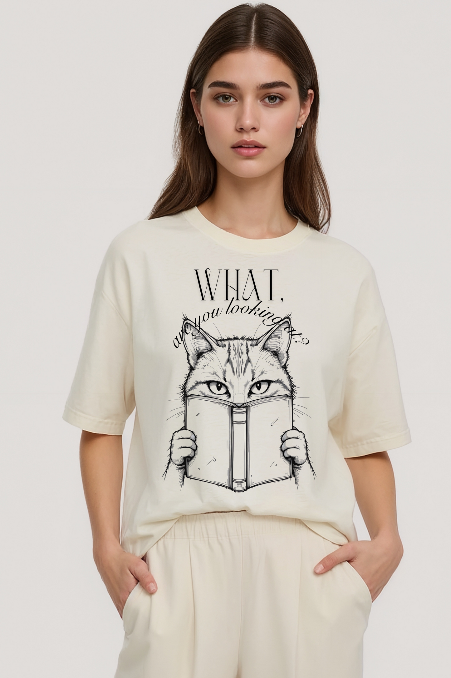SUSPICIOUS CAT OVERSIZED TEE BEIGE