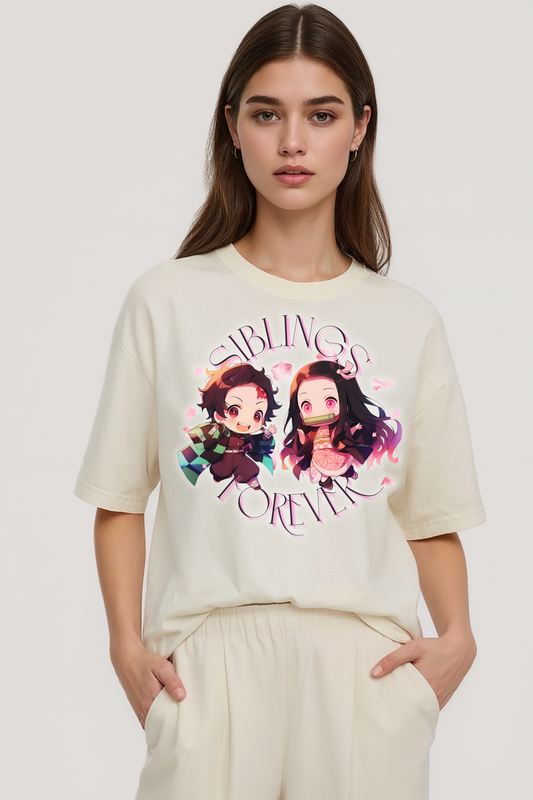 DEMON SLAYER SIBLINGS OVERSIZED TEE BEIGE