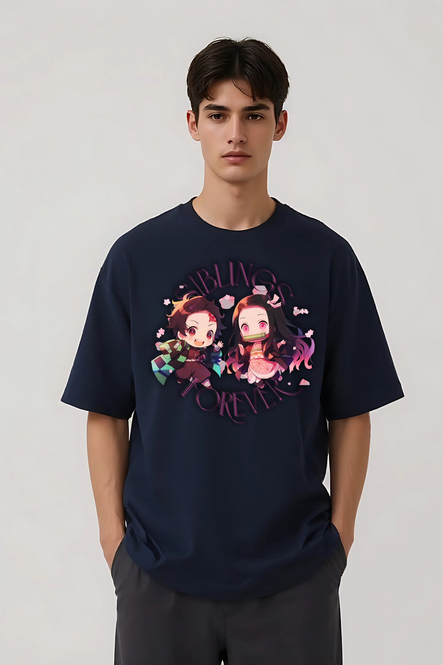 DEMON SLAYER SIBLINGS OVERSIZED TEE NAVY-BLUE