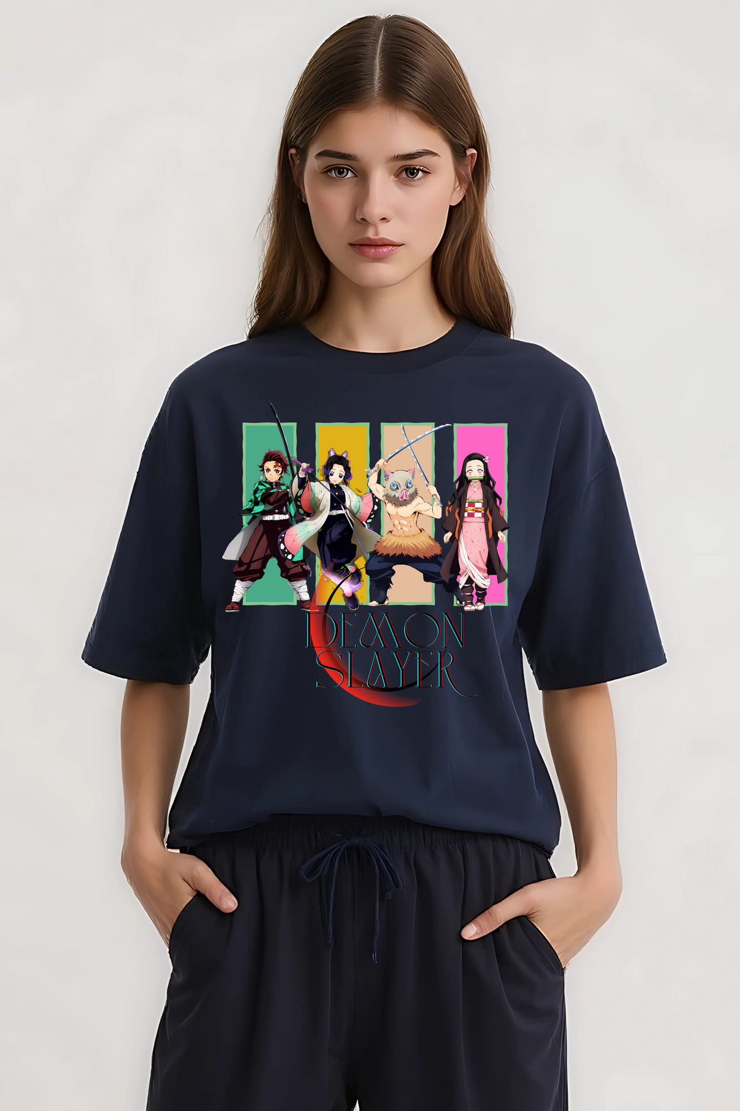 DEMON SLAYERS GRAPHIC OVERSIZED TEE NAVY-BLUE