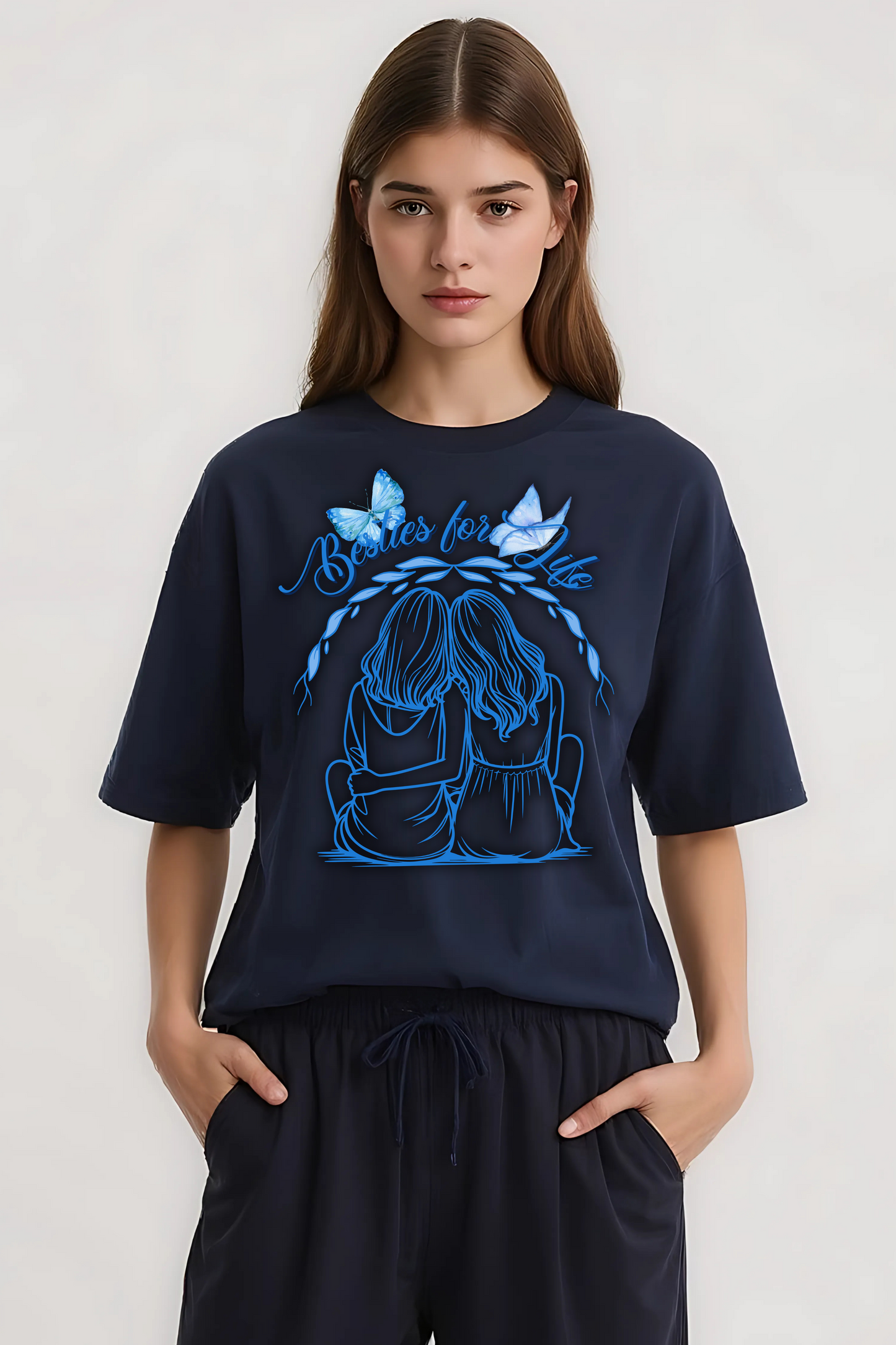 BESTIES FOR LIFE OVERSIZED TEE NAVY-BLUE