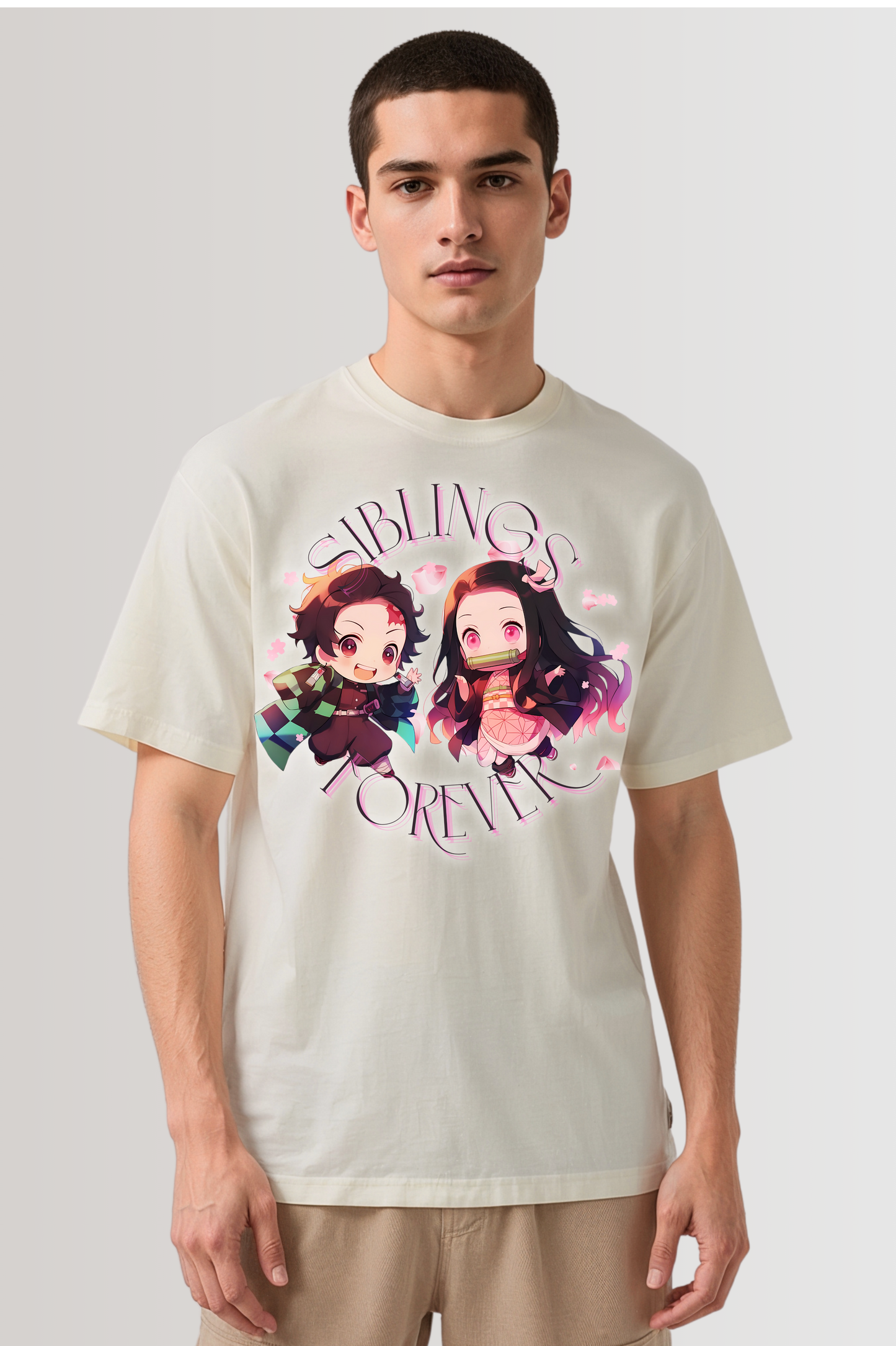 DEMON SLAYER SIBLINGS OVERSIZED TEE BEIGE