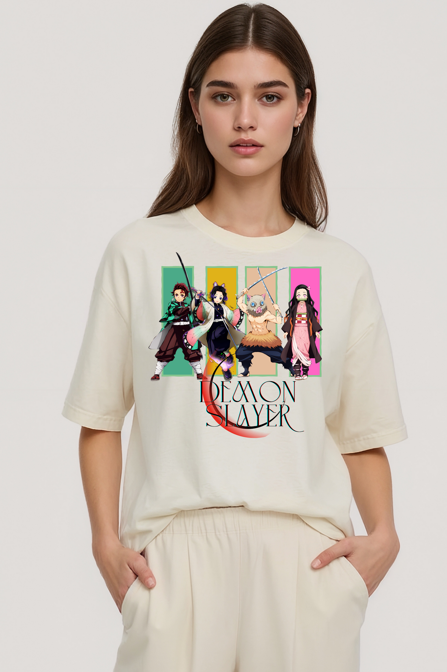 DEMON SLAYERS GRAPHIC OVERSIZED TEE BEIGE