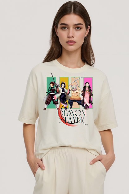 DEMON SLAYERS GRAPHIC OVERSIZED TEE BEIGE