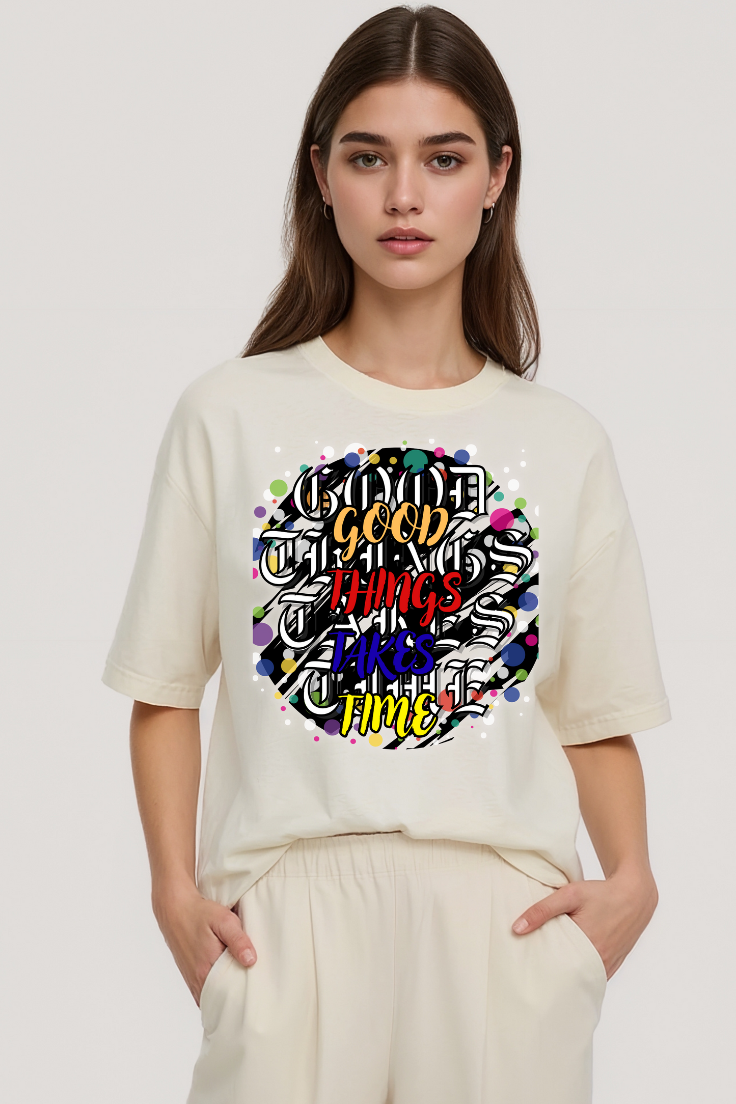 GOOD THINGS TAKES TIME OVERSIZED TEE-II BEIGE
