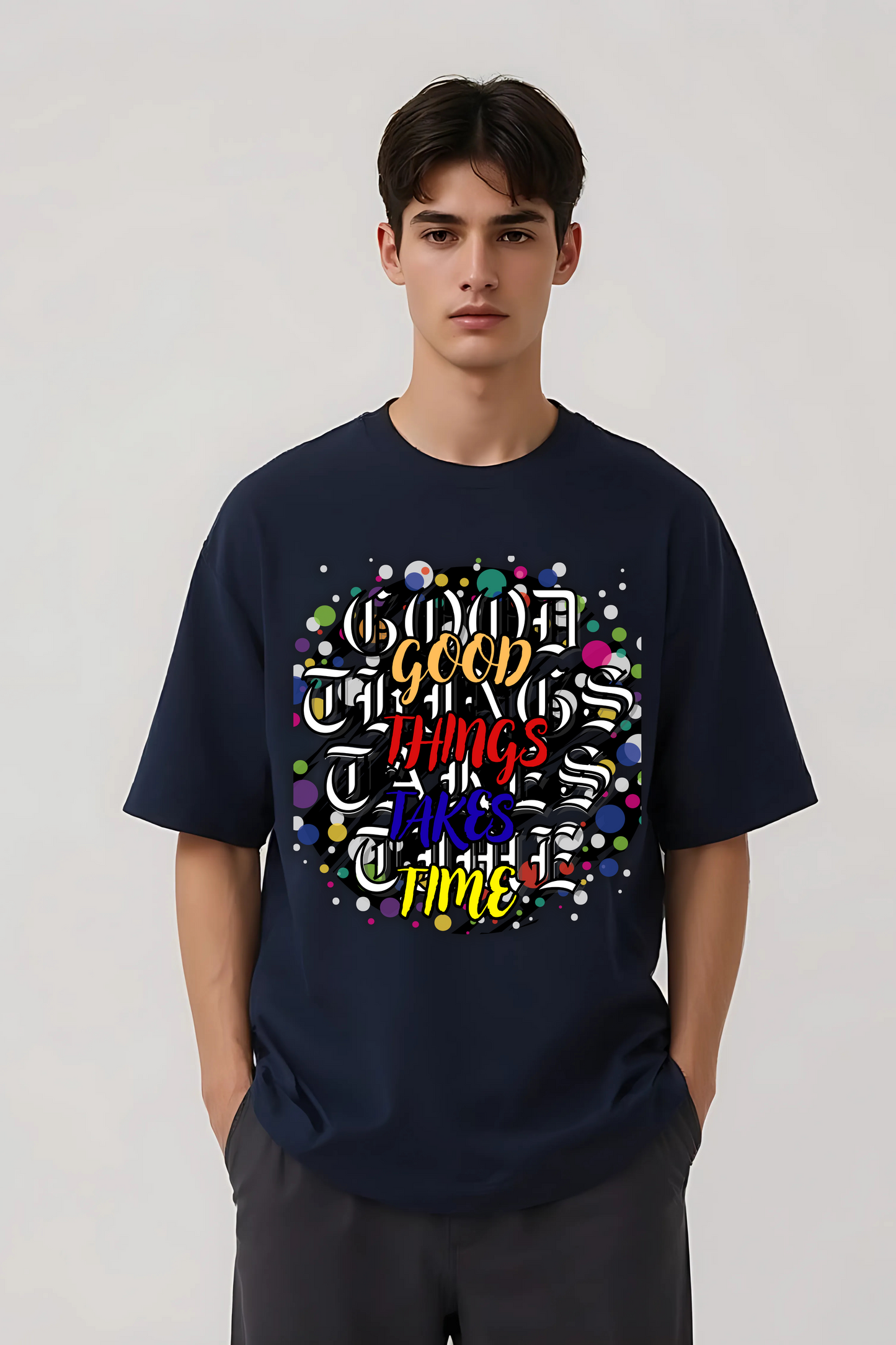 GOOD THINGS TAKES TIME OVERSIZED TEE-II NAVY BLUE