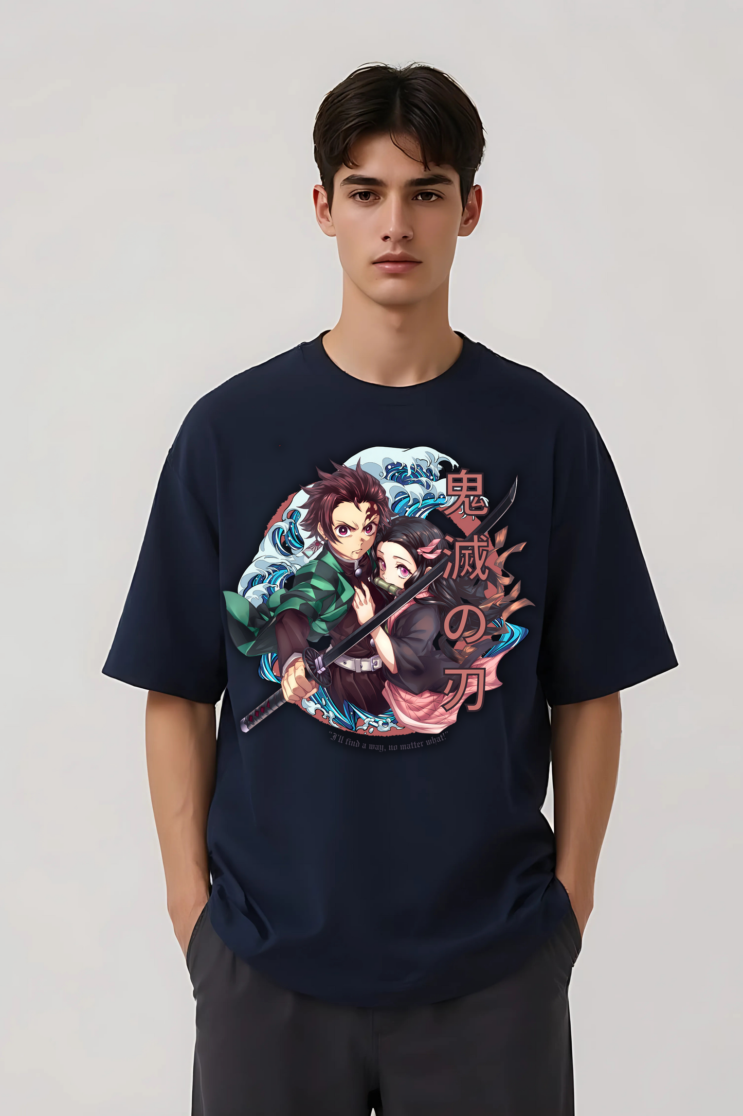 TANJIRO & NEZUKO OVERSIZED TEE NAVY-BLUE