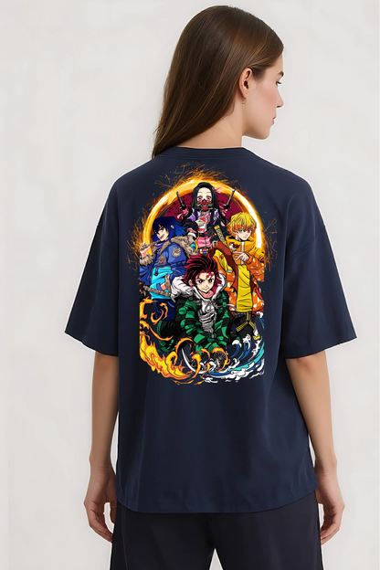 DEMON SLAYER GROUP OVERSIZED TEE NAVY-BLUE