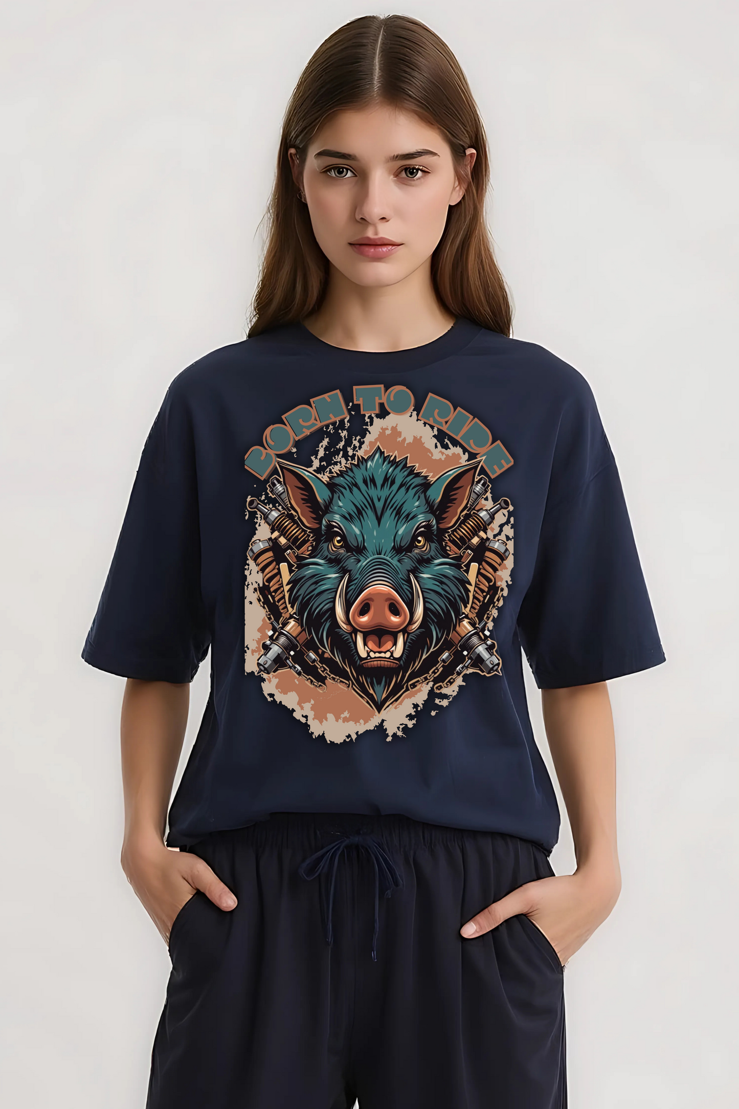 BORN TO RIDE OVERSIZED TEE NAVY-BLUE