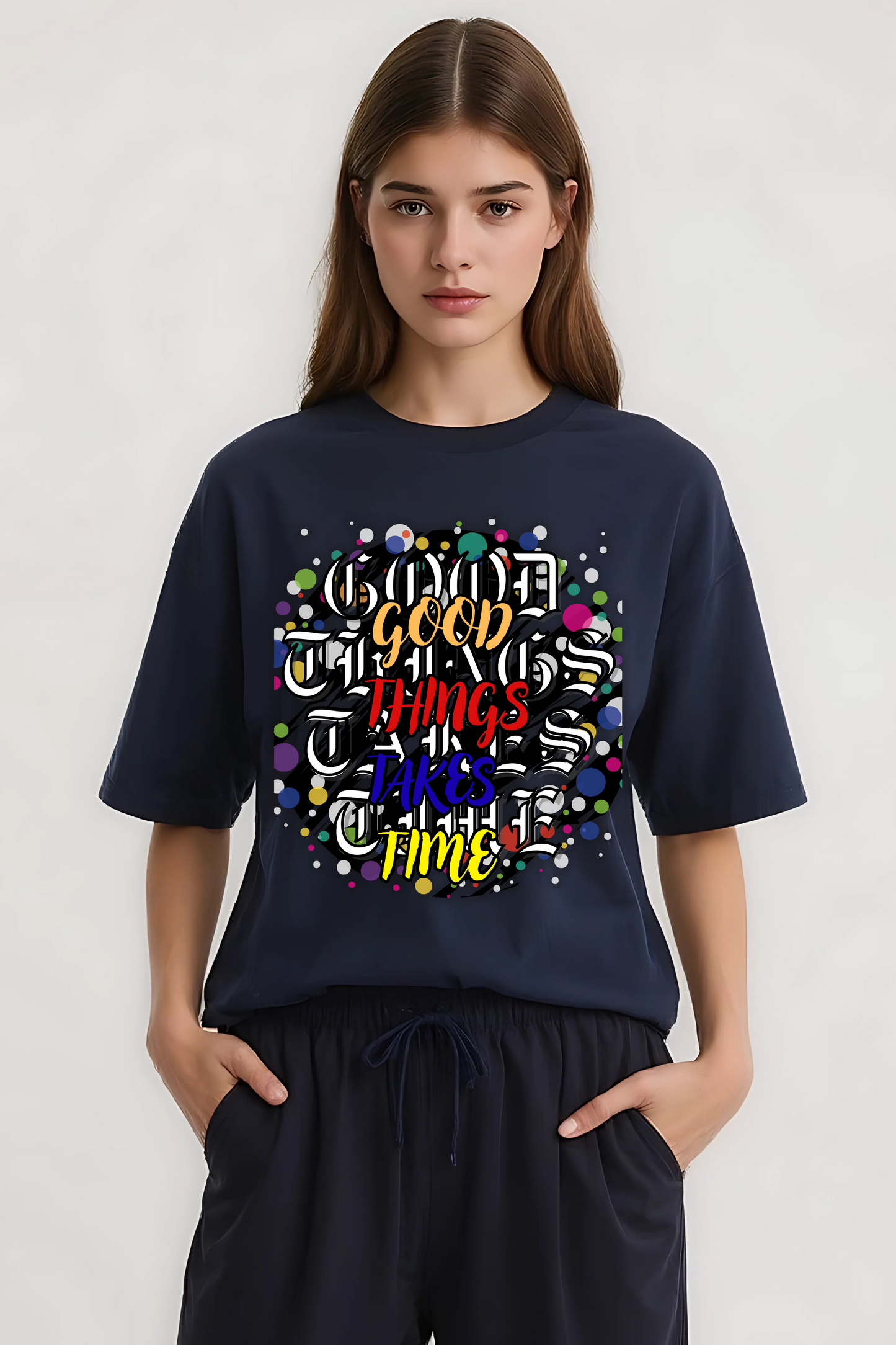 GOOD THINGS TAKES TIME OVERSIZED TEE-II NAVY BLUE