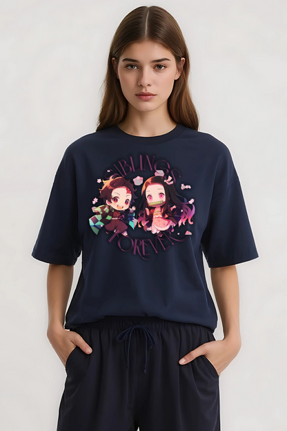 DEMON SLAYER SIBLINGS OVERSIZED TEE NAVY-BLUE